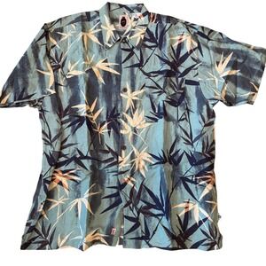 Vintage Bugle Boy Y2K Tropical Print Shirt XL Blue Tan Vacation Style